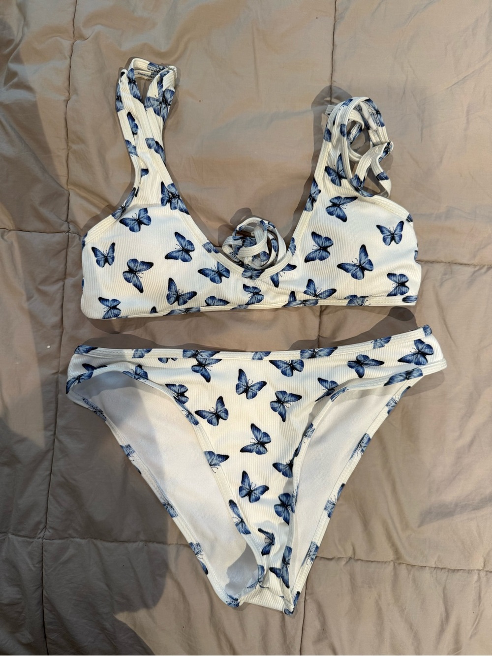 White Bikini Set with Blue Butterfly Print